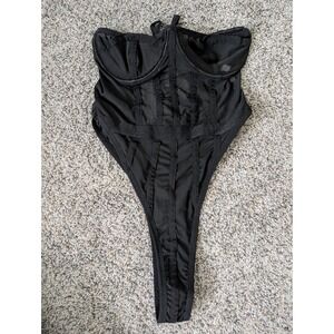 Black Sheer Mesh Cage Bodysuit Underwire High Cut Thong Back Small